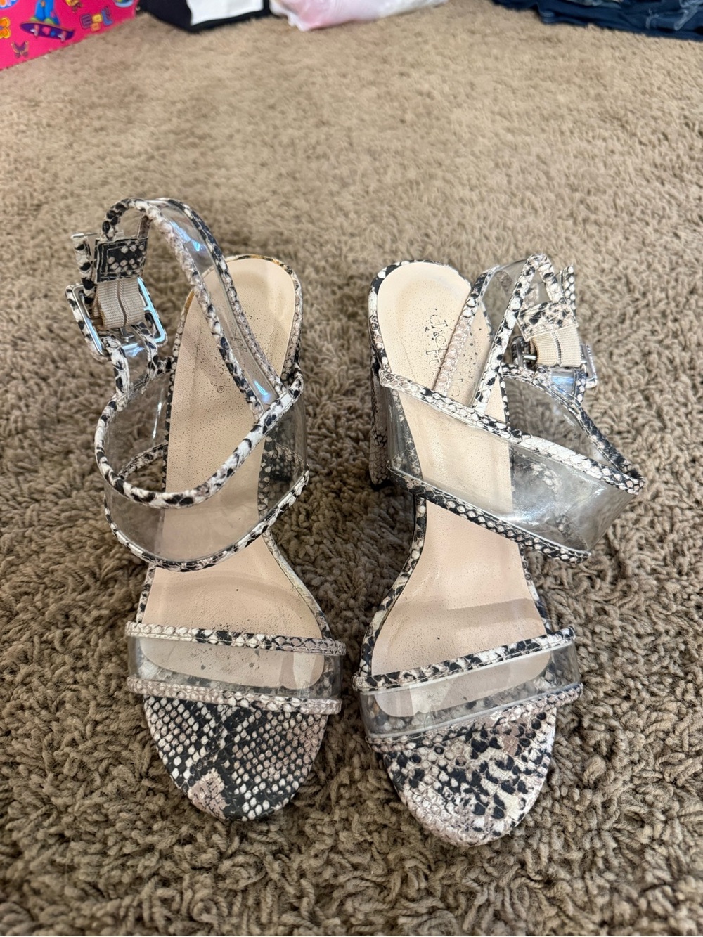 Charlotte Russe Clear Strappy Block Heels with Snakeskin Trim